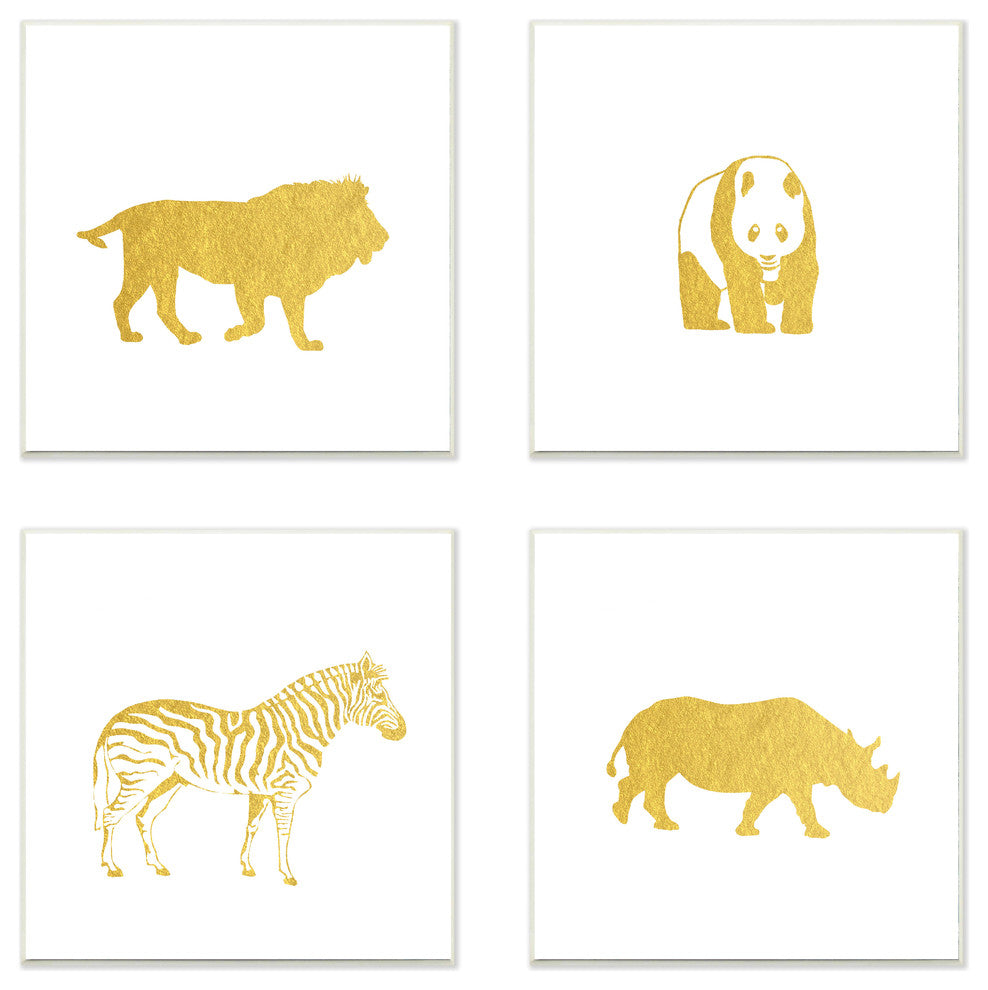 Golden Animal Silhouettes Lion Panda Zebra Rhino, 4-Piece Set, Plaque, 12"x12"