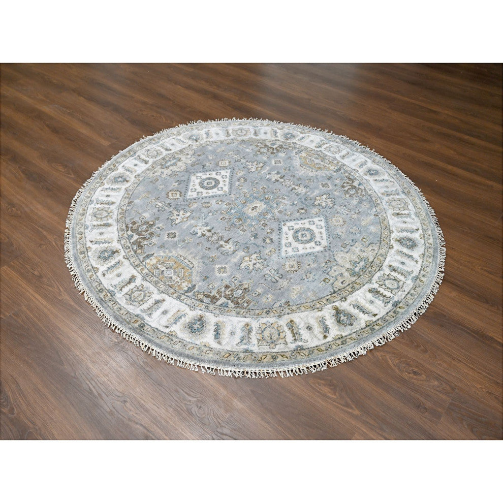 Lavender Gray Hand Knotted Karajeh Geometric Medallion Wool Round Rug 6'2"x6'2"
