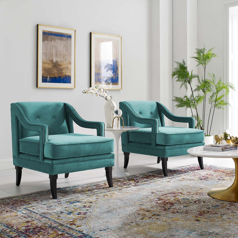 Armchair Accent Chair, Set of 2, Velvet, Teal Blue, Modern, Lounge Hospitality