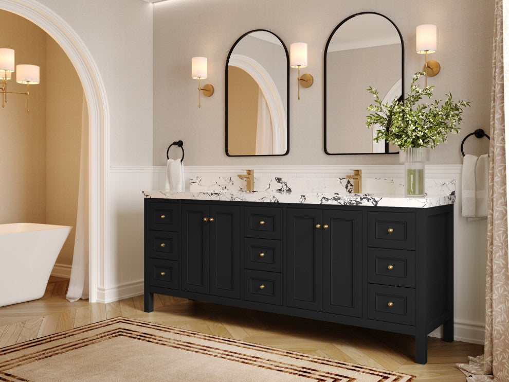Nashville 84" Double Sink Bath Vanity, Black 2" White Quartz