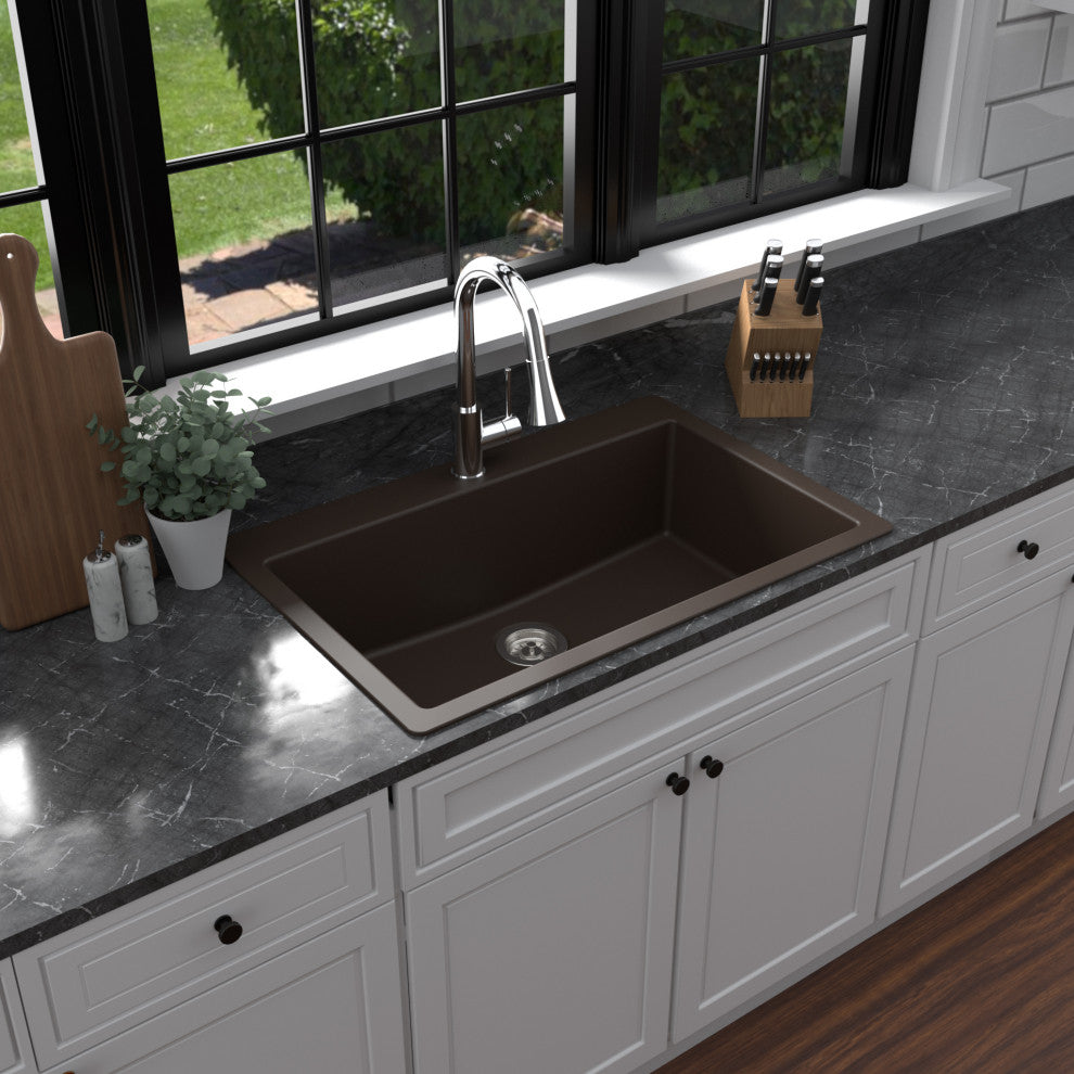 Karran QT-812 Top Mount 33" Large Single Bowl Quartz Kitchen Sink, Brown