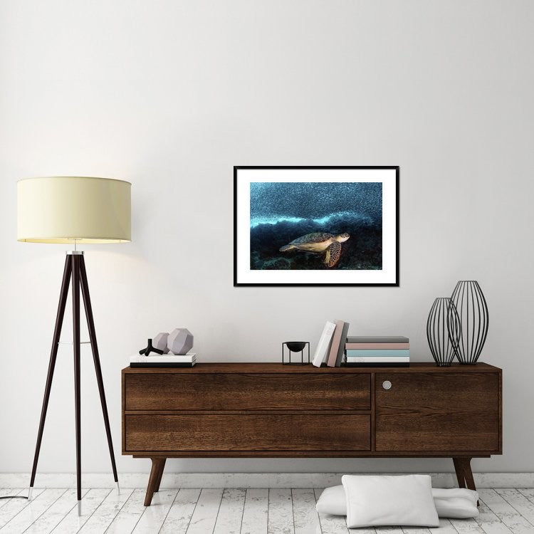 "Turtle And Sardines" Framed Digital Print by Henry Jager, 38"x28"