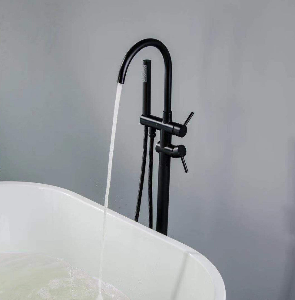 Wellfor Freestanding Bath Faucet, Swivel Spout and Handheld Shower, 2 Handles, Matte Black