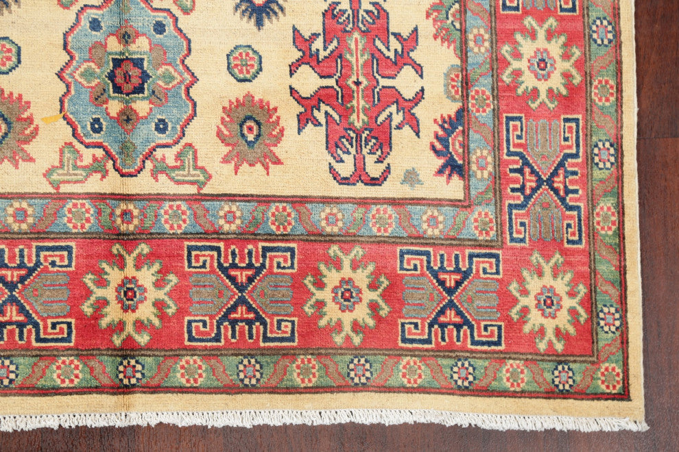 Hand Made Kazak Oriental Traditional Pakistani Area Rug, Beige, 7'5"x5'0