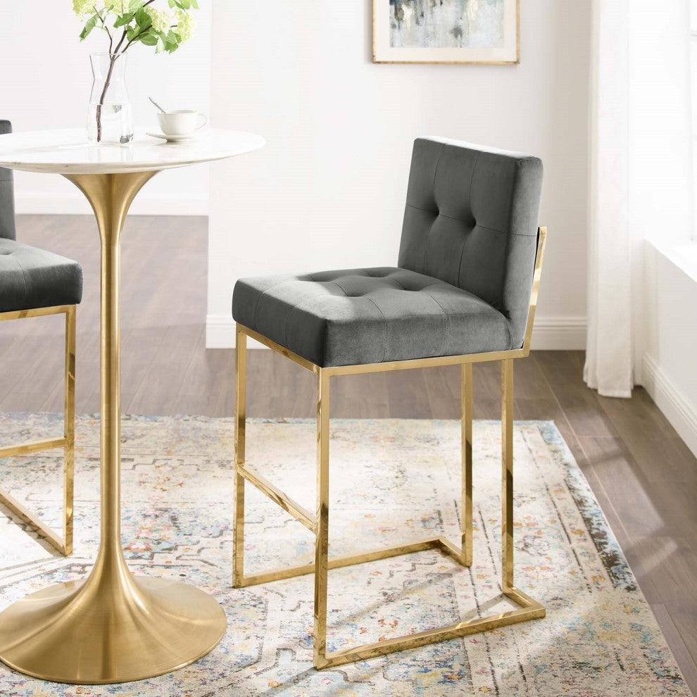 Grey Velvet Bar Stool, Heidi Giselle Gold Barstool, Luxe Glam Tufted Barstool