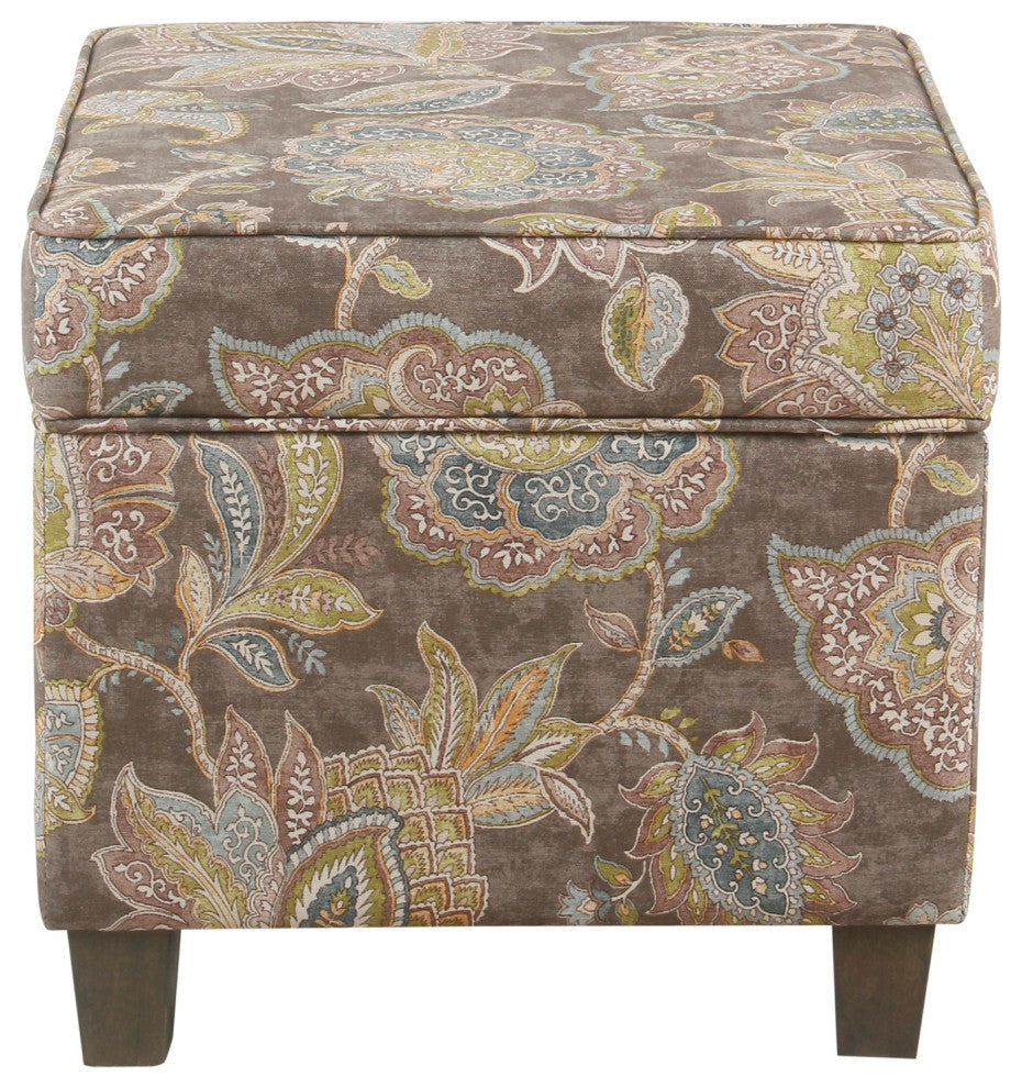 Floral Pattern Fabric Ottoman With Lift Off Top & Tapered Feet, Multicolor