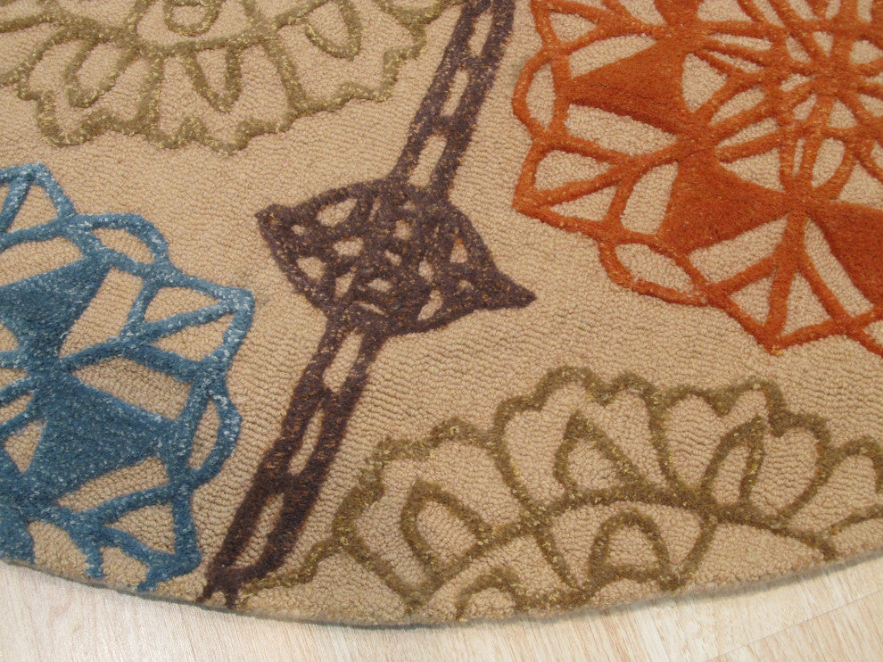 Hand-tufted Wool Beige Transitional Geometric Matrix Rug, 7'9 Round