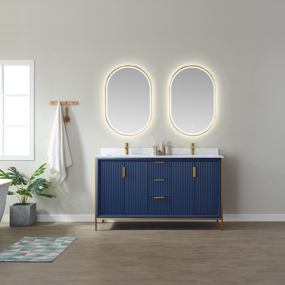 Granada Vanity With White Composite Stone Top, Royal Blue, 60", With Mirror