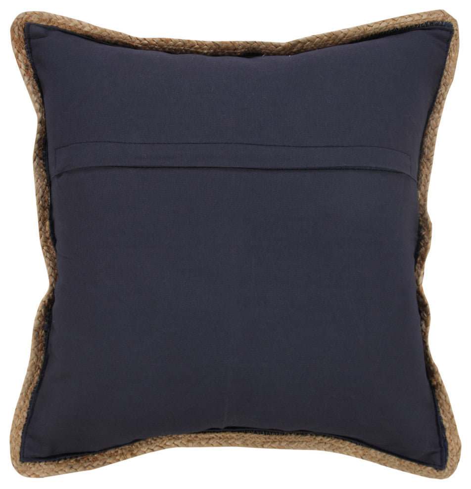 Navy Blue and White Striped Jute Bordered Throw Pillow