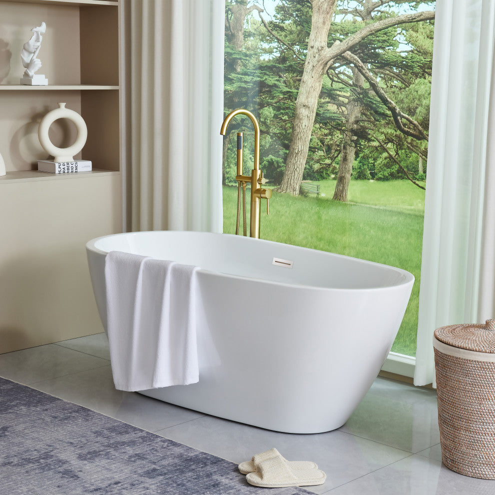 Freestanding Acrylic Bathtub, White/Polished Chrome, 59"