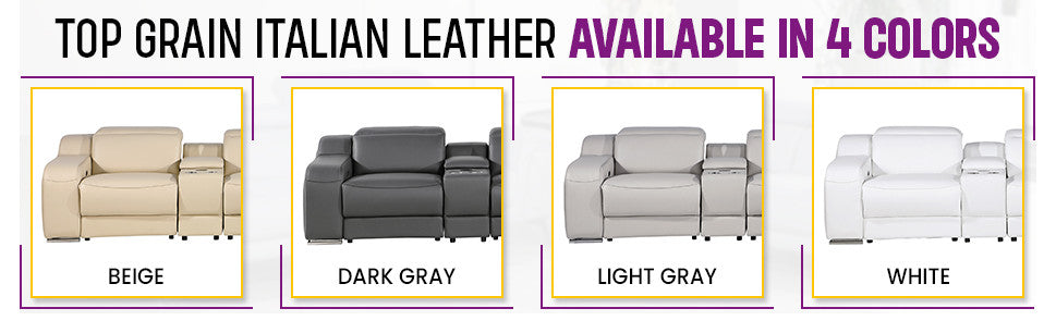 Marco-8-Piece, 4-Power Reclining Italian Leather Sectional, Light Gray