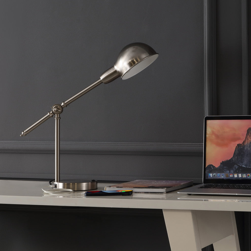 20.25" Iron Adjustable Dome Shade LED Task Lamp With USB Charging Port, Nickel