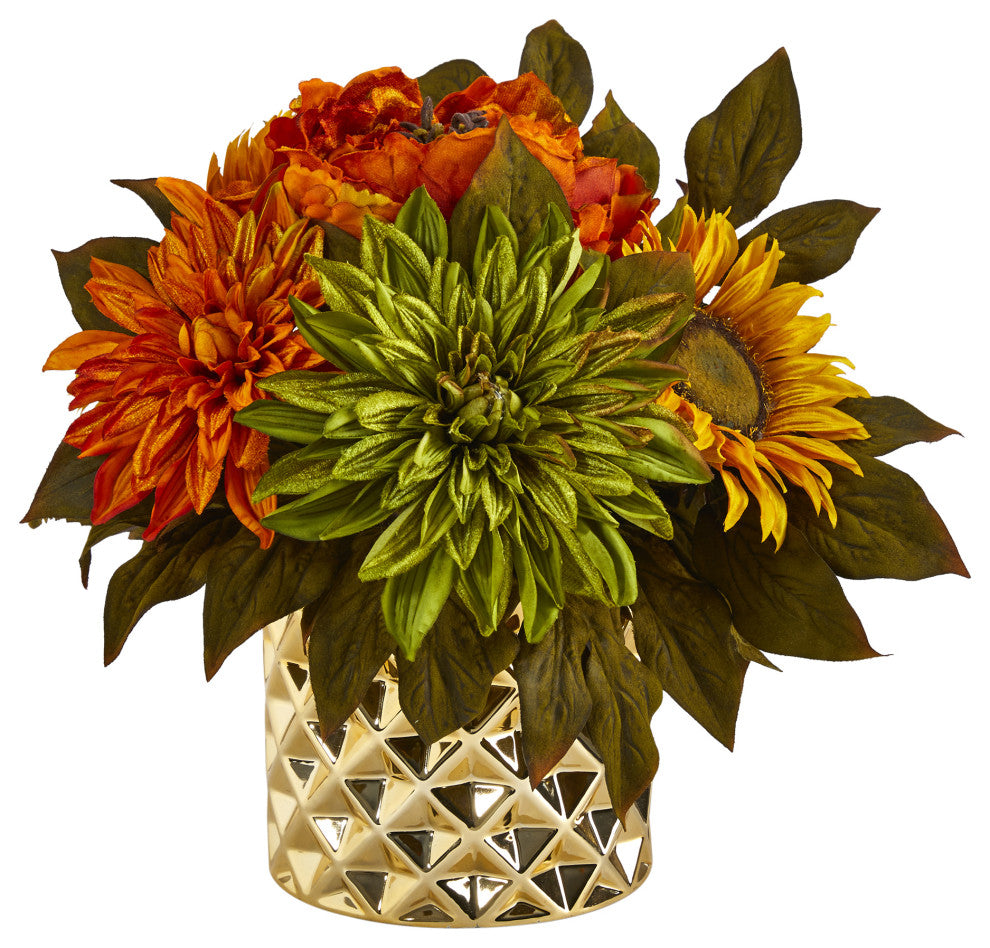 11" Peony, Dahlia and Sunflower Artificial Arrangement, Gold Vase