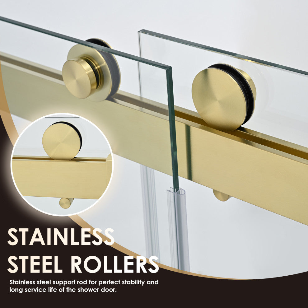 Frameless Exposed Roller Shower Door, Brushed Gold, 60" W X 76" H