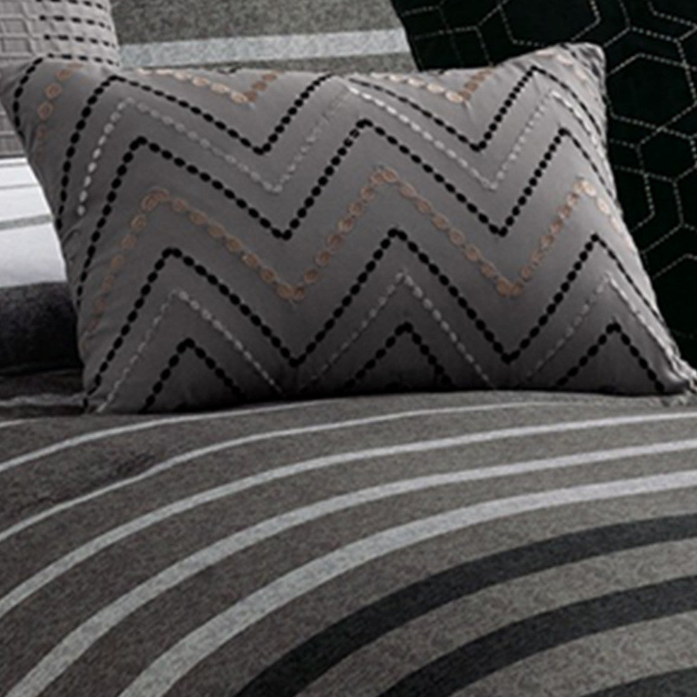 Benzara BM227295 10 Piece Queen Polyester Comforter Set ,Striped, Black & Gray