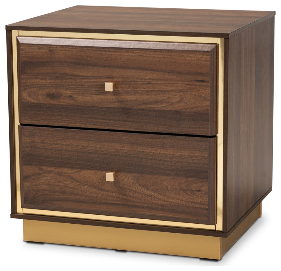Mid-Century Modern Walnut Brown Finished Wood and Gold Metal 2-Drawer Nightstand