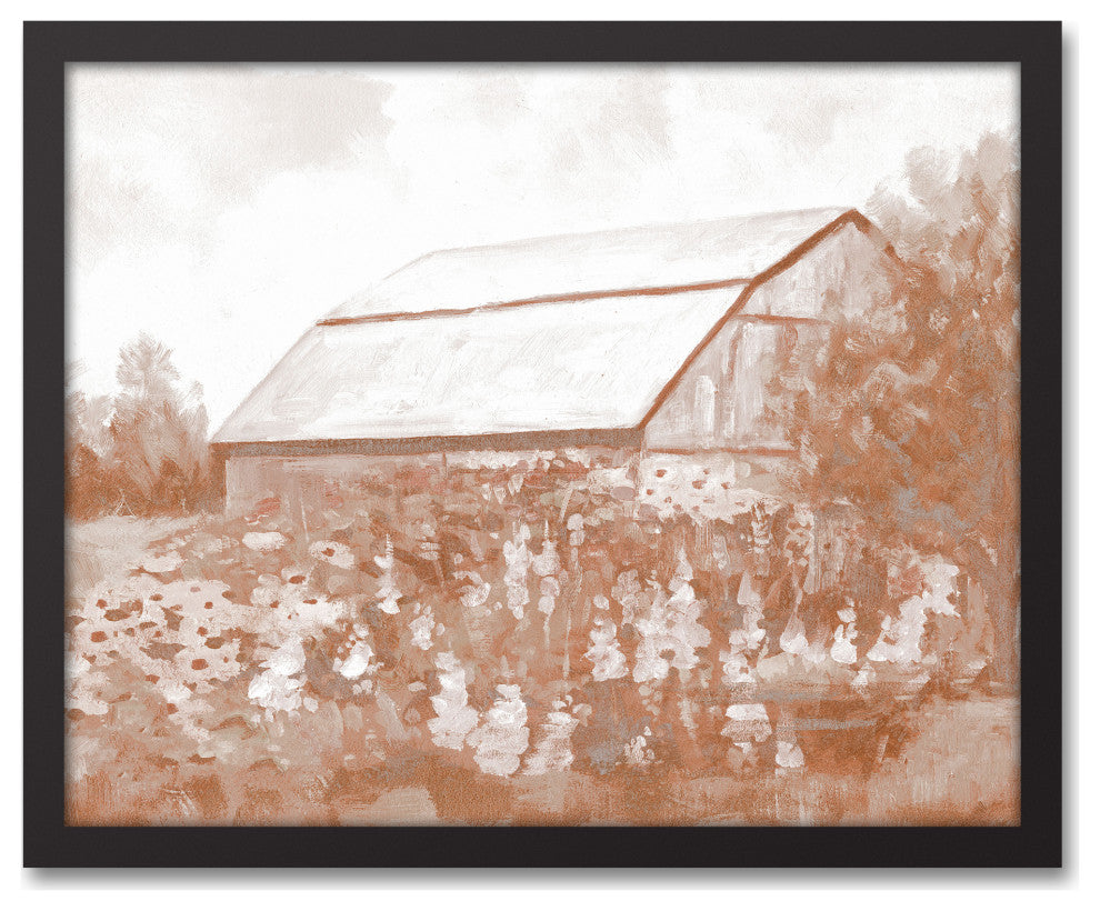 Barn Peachy Flower Field Framed Canvas 16x20 Black Framed Canvas