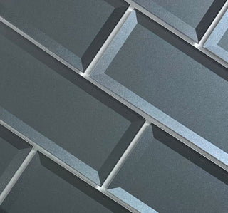 Forever 4"x16" Reverse Bevel Glass Subway Tile,Glossy Gray, Piece
