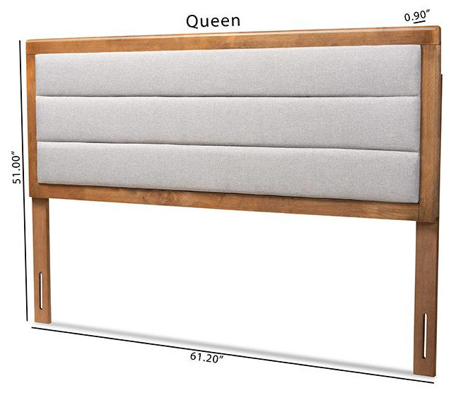 Light Grey Fabric Upholstered and Walnut Brown Finished Wood King Size Headboard