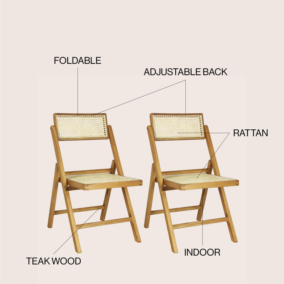 Vintage Wood Rattan Folding Chair, Adjustable Back, Light Brown, Set of 2