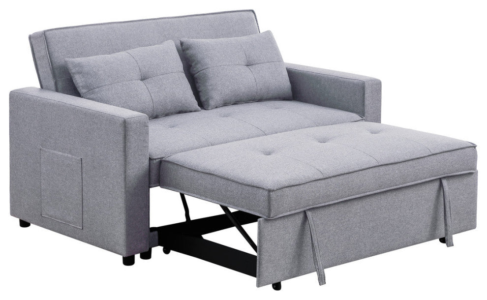 Zoey Linen Convertible Sleeper Loveseat With Side Pocket, Light Gray