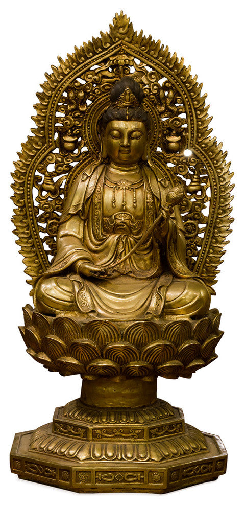 Bronze Guanyin Asian Statue with Lotus