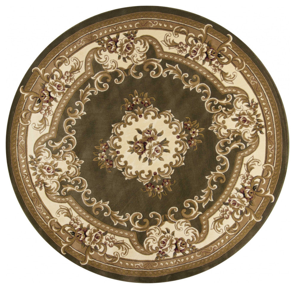 7' Round Green Or Ivory Floral Bordered Indoor Area Rug