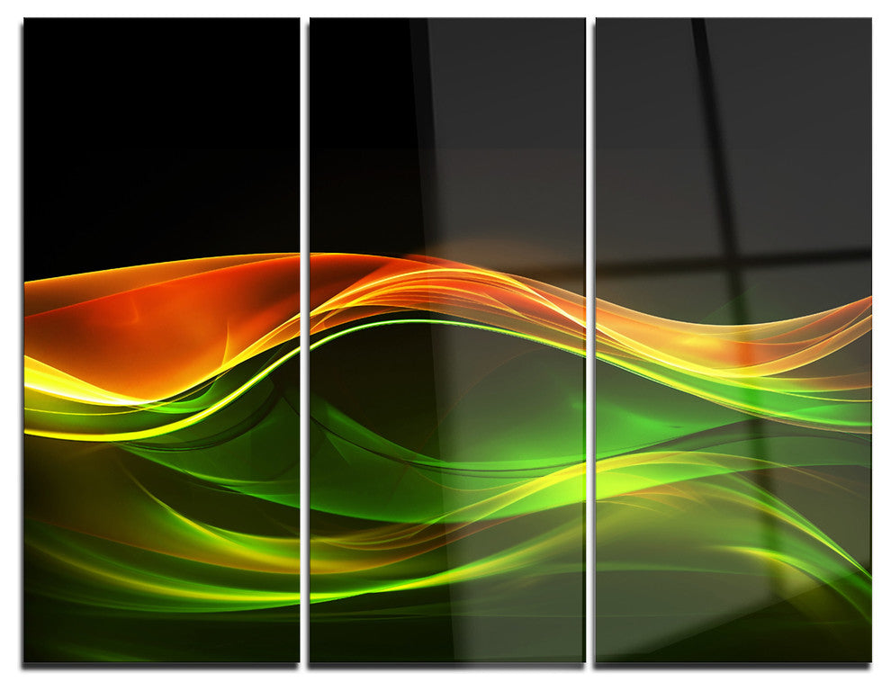 "Abstract Green Yellow in Black" Digital Metal Wall Art, 3 Panels, 36"x28"