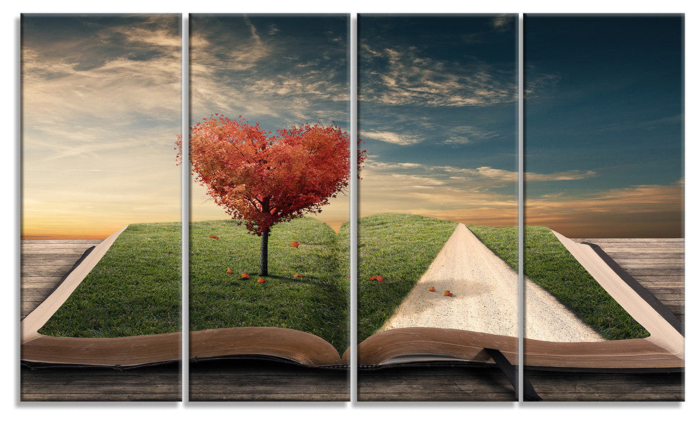 Amazing Heart Tree and Book, Abstract Canvas Artwork, 48"x28", 4 Panels