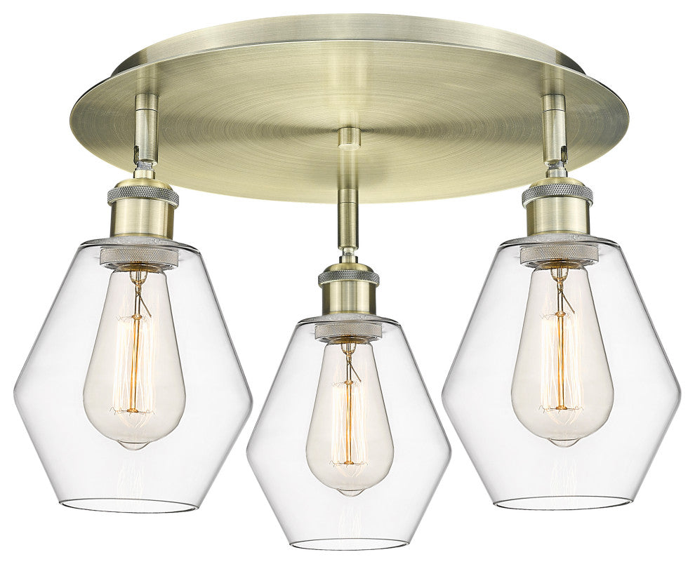 Cindyrella-3 Light 18" Flush Mount-Antique Brass, Clear Glass Shade