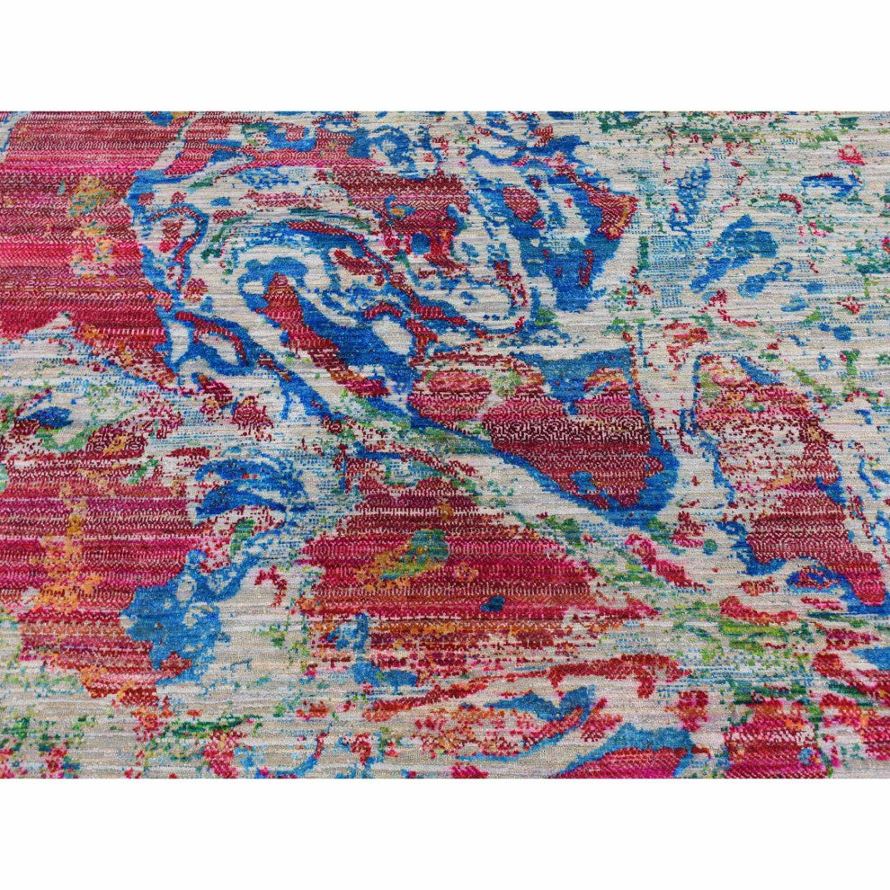 Cinereous Gray, Abstract Design, Silk With Wool, Hand Knotted Rug, 8'10"x12'2"