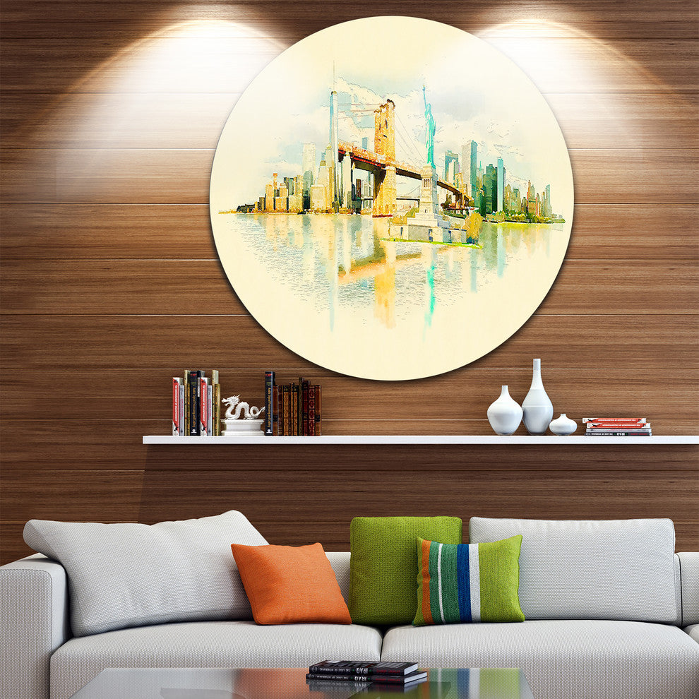 New York Panoramic View, Cityscape Watercolor Round Wall Art, 36"