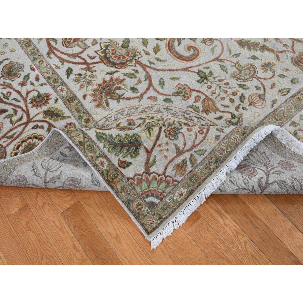 Gray Silk With Wool Mughal Inspired Branch Design Hand Knotted Rug 10'1"x13'9"