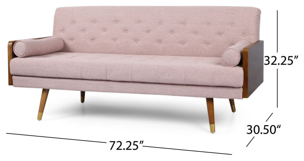 GDF Studio Aidan Mid-Century Modern Tufted Fabric Sofa, Light Blush/Dark Walnut