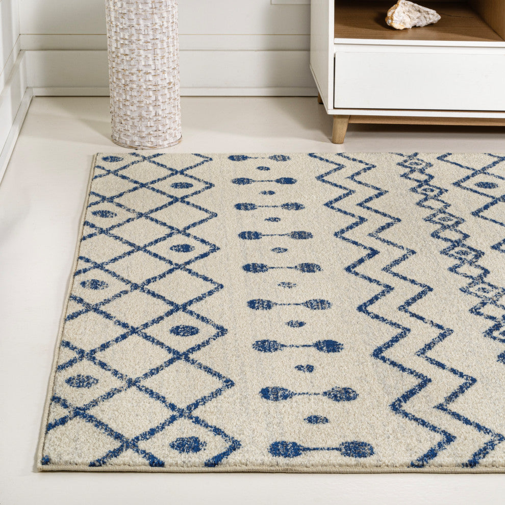 Aksil Moroccan Beni Souk Area Rug, Cream/Navy, 8 Ft. X 10 Ft.
