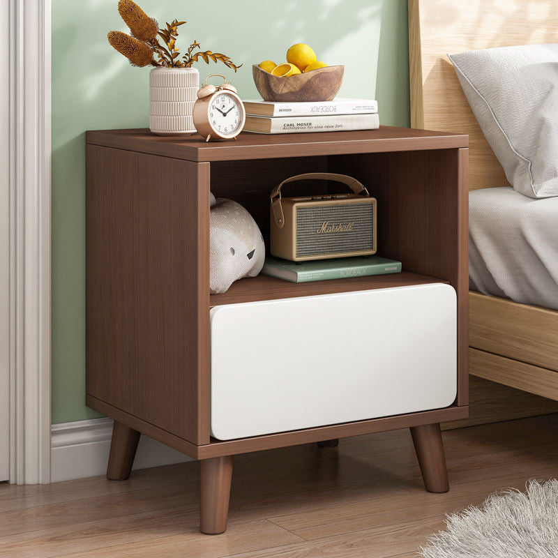 Nordic Wooden Bedside Table Of Drawers For Bedroom, Wood + White, 1 Drawer