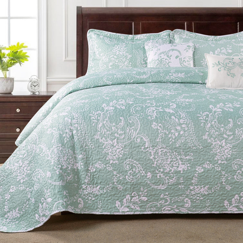 LA Boheme 5 Piece Printed Bed Spread Set, Teal Turquoise, King