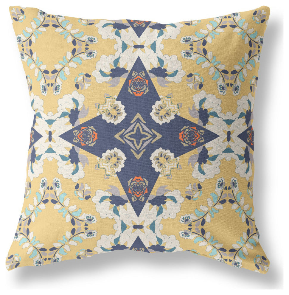 18" Yellow Navy Diamond Star Indoor Outdoor Zippered Throw Pillow