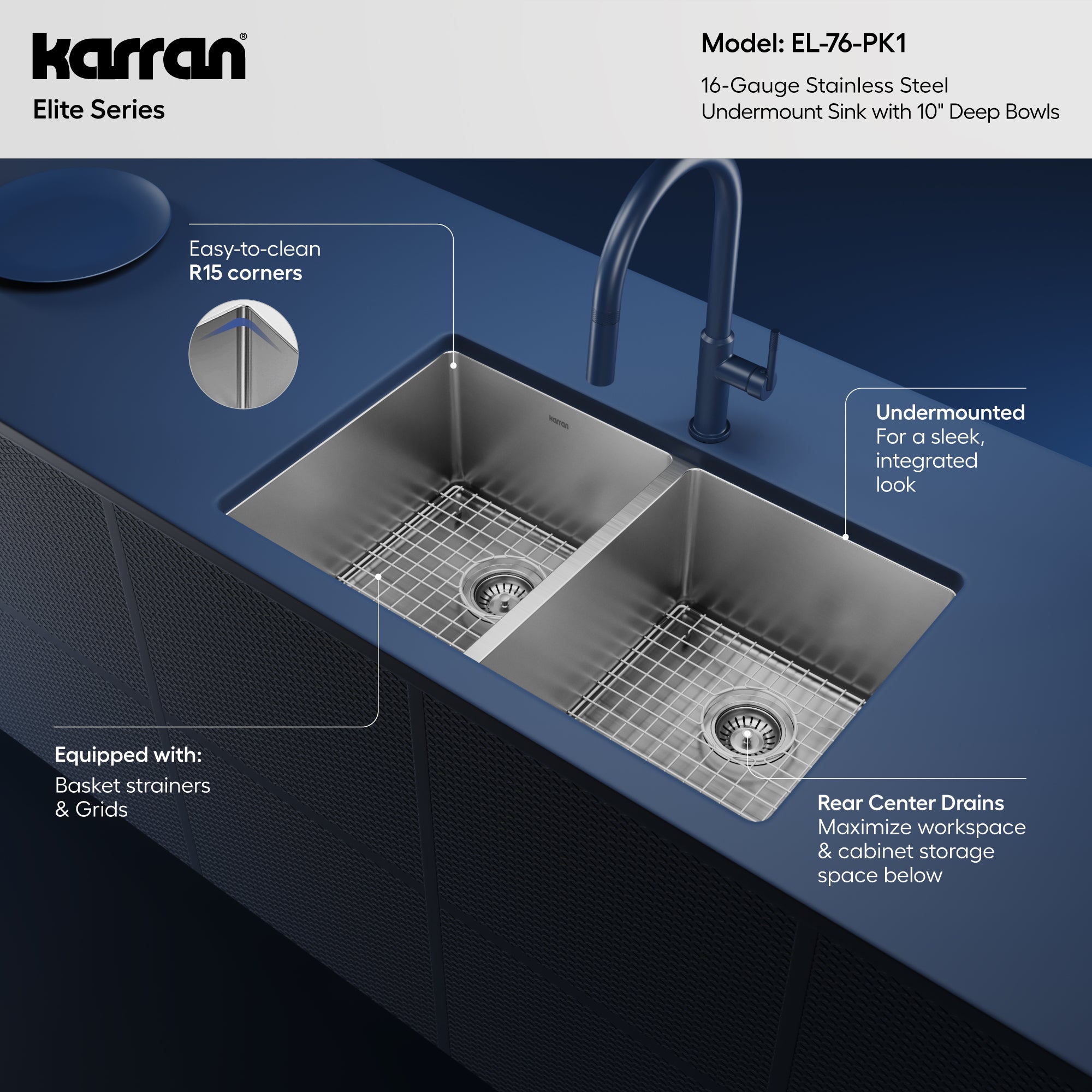 Karran 32" Undermount Double Equal Bowl Stainless Steel Kitchen Sink Kit