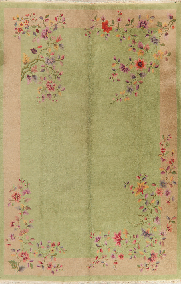 Consigned, Vintage Floral Area Rug Art Deco Oriental Hand-Knotted, Green, 9 X 12