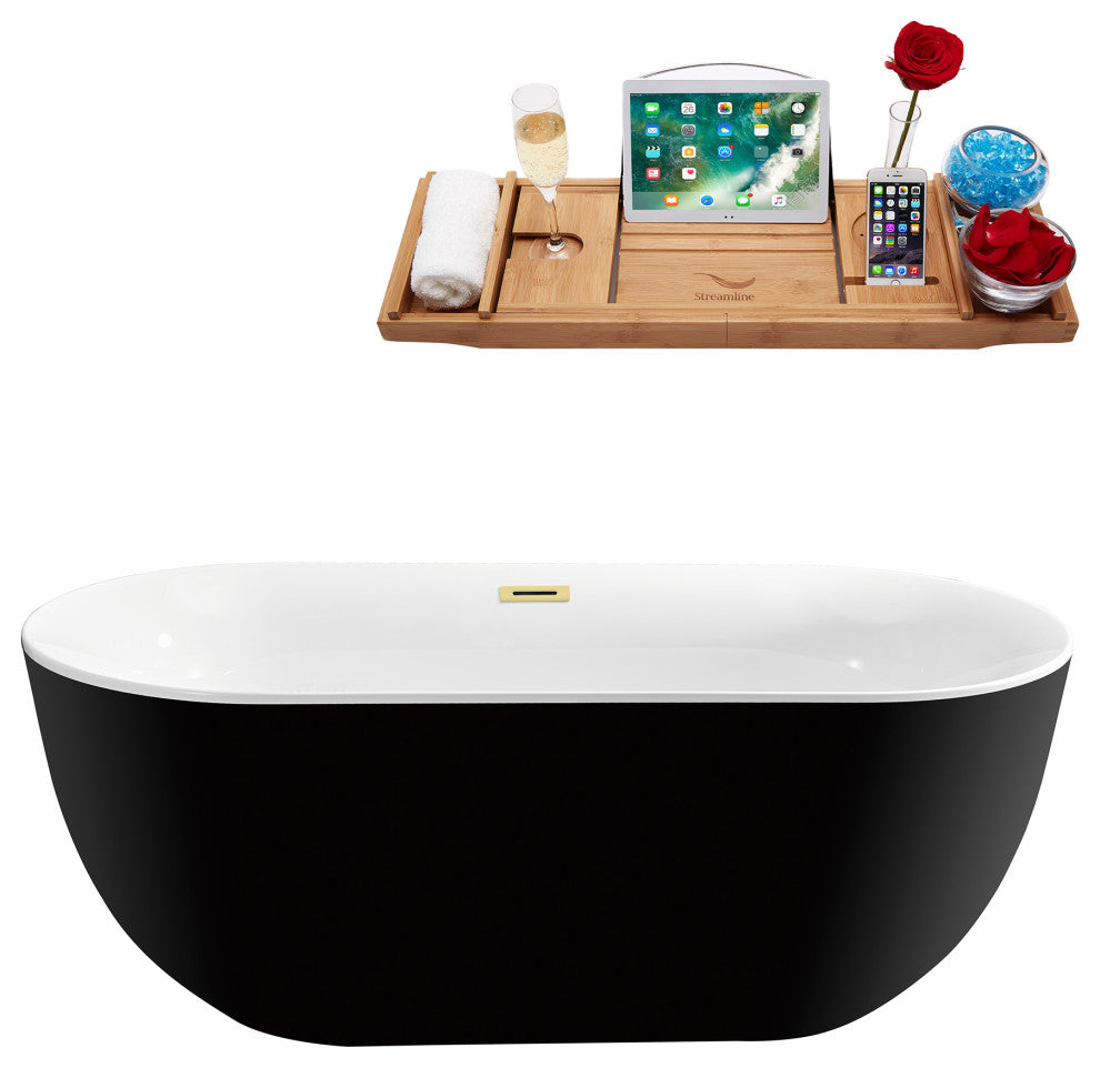 59" Streamline Bathtub and Tray With Drain, Polished Brass