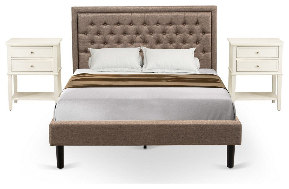 3Pc Queen Bedroom Set, 1 Queen Bed Dark Khaki Padded, 2 Nightstand, Black Legs