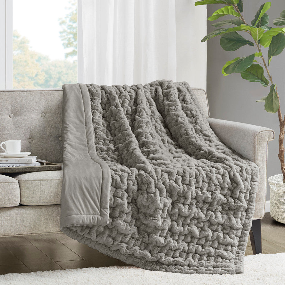 Madison Park Ruched Fur Throw, Grey
