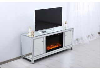 60" Mirrored Tv Stand With Wood Fireplace Insert In Antique Silver