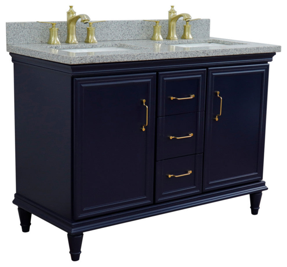 49" Double Vanity, Blue Finish With Gray Granite And Rectangle Sink