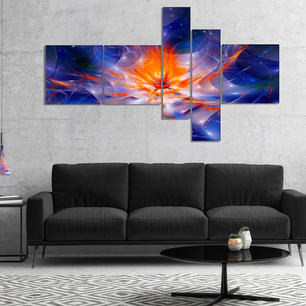 Colorful Glowing Space Flower Fractal, Large Floral Wall Art, 60"x32", 5 panels
