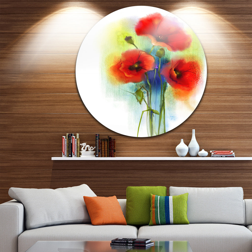 Bunch Of Bright Red Poppy Flowers, Flower Large Disc Metal Artwork, 23"