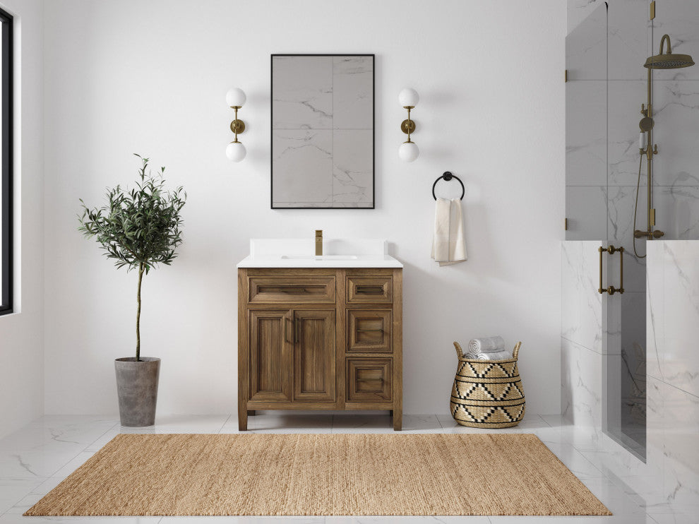 Santa Monica 36 Center Sink Bath Vanity in Graywashed Teak 1.5" White Quartz