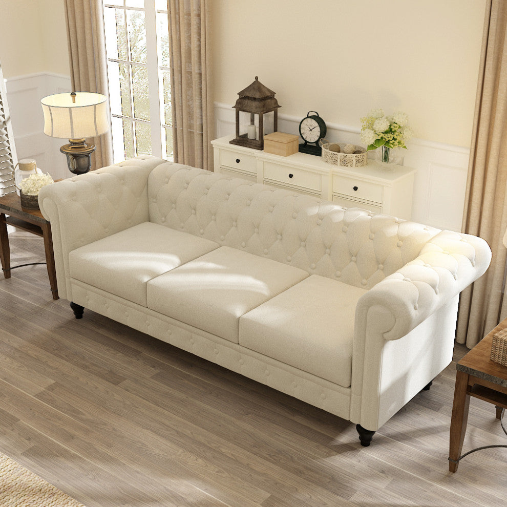 88'' Beige Velvet Rolled Arm Chesterfield Sofa with Black Leg