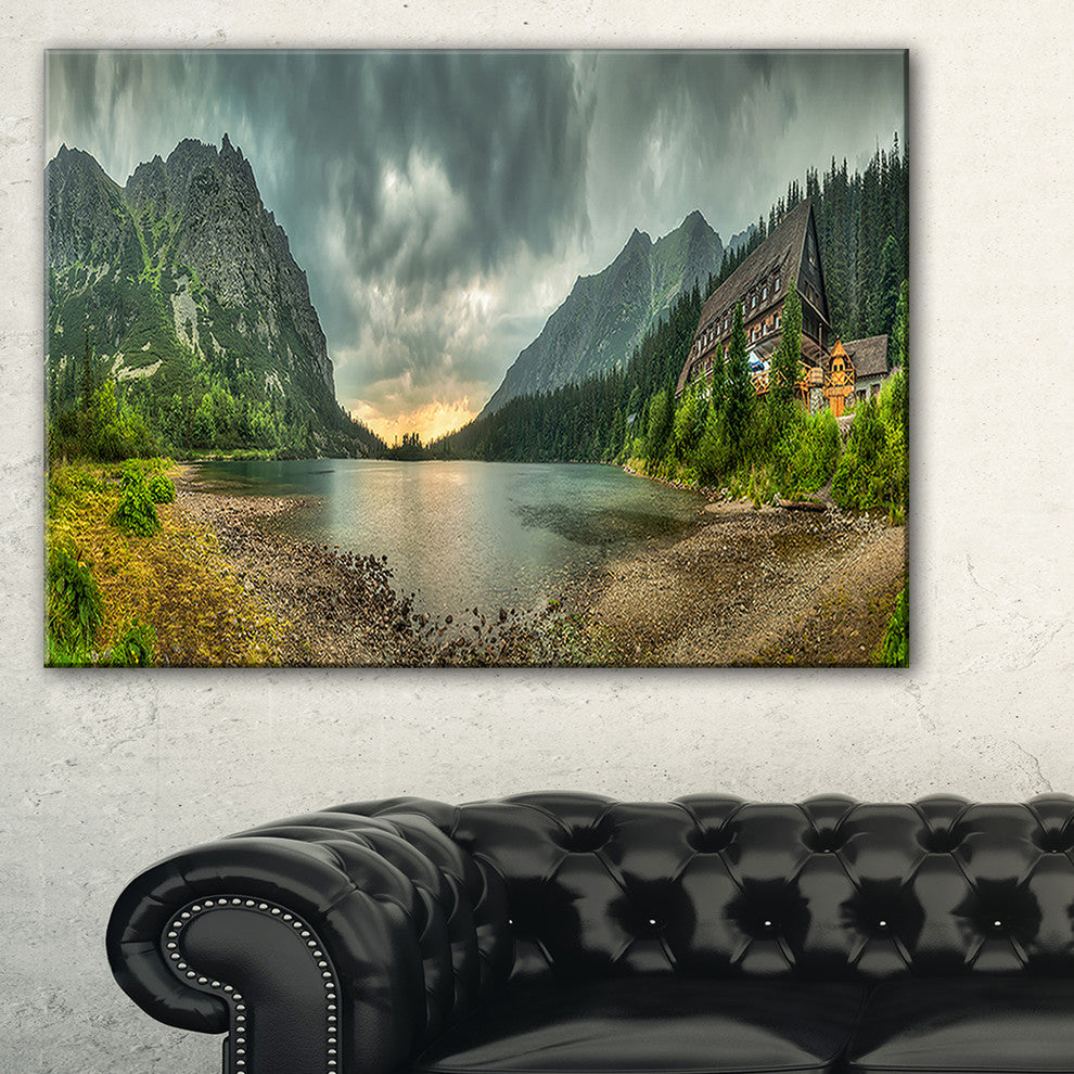 "Mountain Chalet At Sunset Panorama" Landscape Wall Art, 1 Panel, 60"x28"